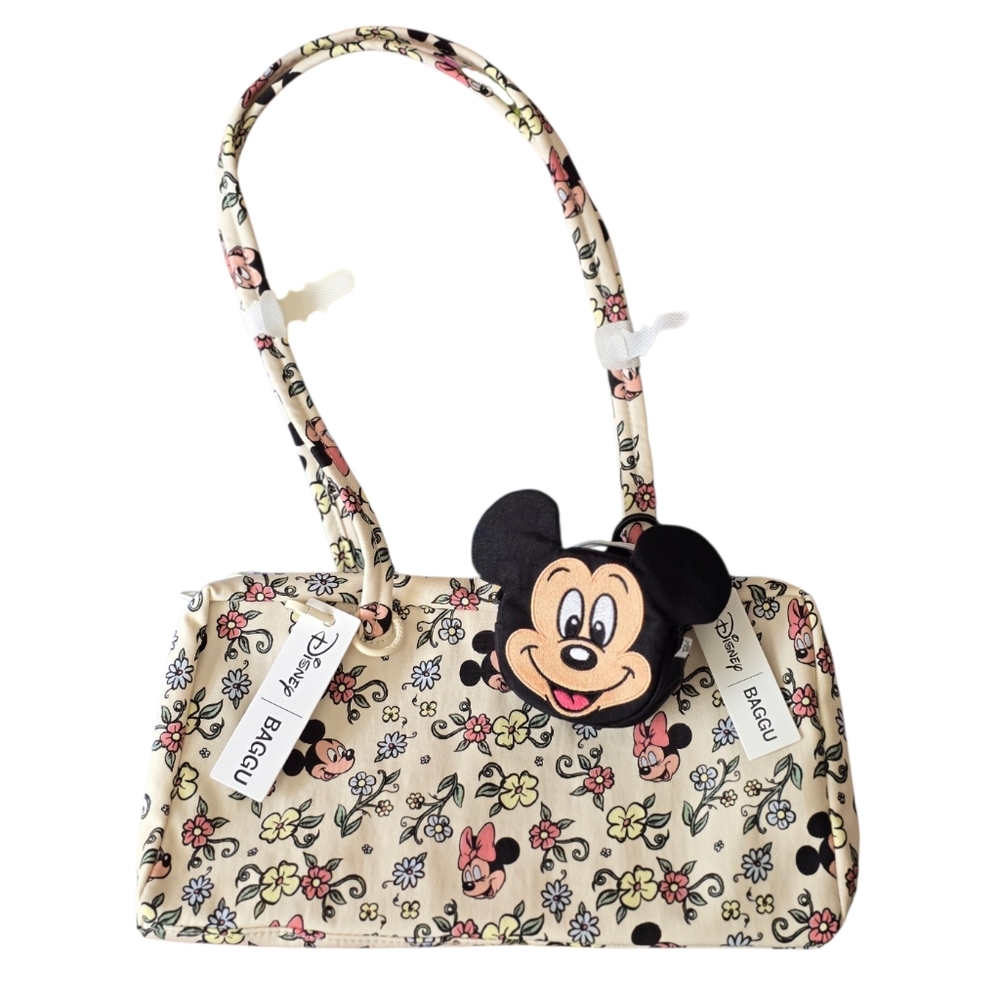 *NWT* BAGGU X DISNEY Storybook Florals Bowler Bag & Mickey Mouse Bag Charm Set